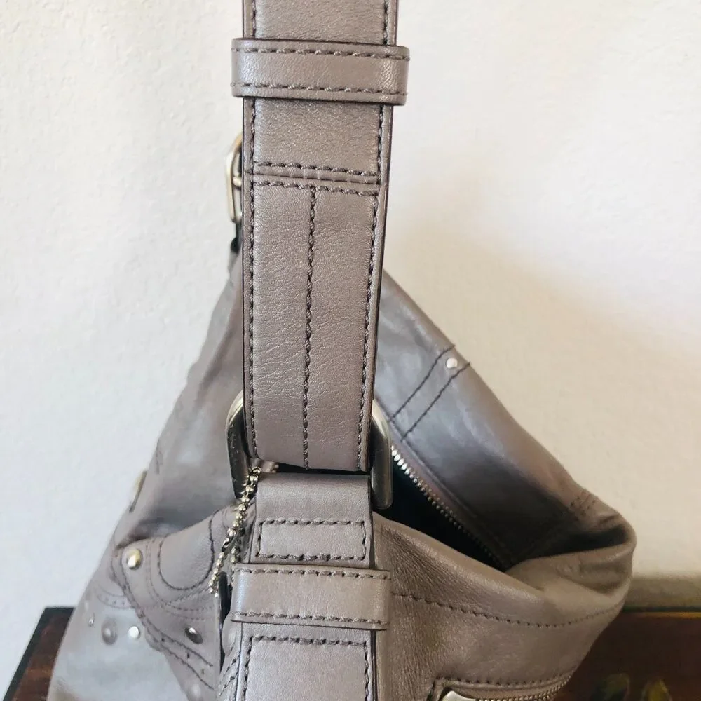 Coach Gunmetal Gray Leather Studded Embossed Hobo Shoulder Bag F16178